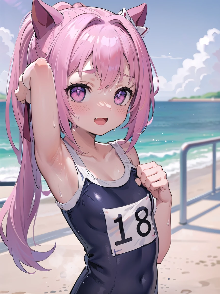 ((masterpiece,best quality)),high resolution,ultra detailed,8k,16k,detailed background, perfect lighting,detailed beautiful eyes,1girl,nsfw,embarrassed,blush,look at viewer,from front,face focus,fisheye lens,steam,sweat,confused,(cum on armpits:1.2),(school swimsuit,show off armpits,upper body:1.4),naughty smile,open mouth,haru urara,pink hair,pink eyes,long ponytail,short stature,little_girl,child_body,small breast,flower shaped pupils,(anime style:1.2),seaside beach