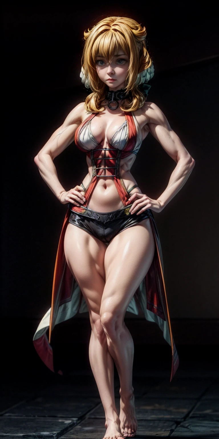 Scenary: Plain background Character: Solo Female: Body, full body toe to head: Tall and slim with an hourglass figure Toned and muscular physique Slender abs Perfect anatomy (hands on hips, good hands, best hands)