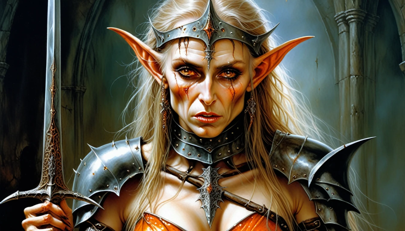 Highly detailed, UHD, 32k, medieval fantasy,heavy metal magazine cover, oil on canvas, luis royo style. An elderly female elf heroin wounded, agonizing face, she is clad in an armor made out of a blackish metal with an orange glint, and she is holding a spear made out of a blackish metal with an orange glint