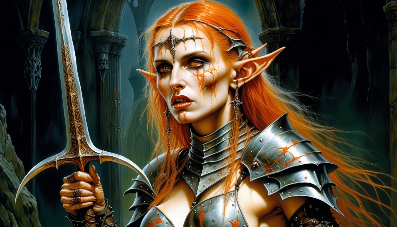 Highly detailed, UHD, 32k, medieval fantasy,heavy metal magazine cover, oil on canvas, luis royo style. An elderly female elf heroin wounded, agonizing face, she is clad in an armor made out of a blackish metal with an orange glint, and she is holding a spear made out of a blackish metal