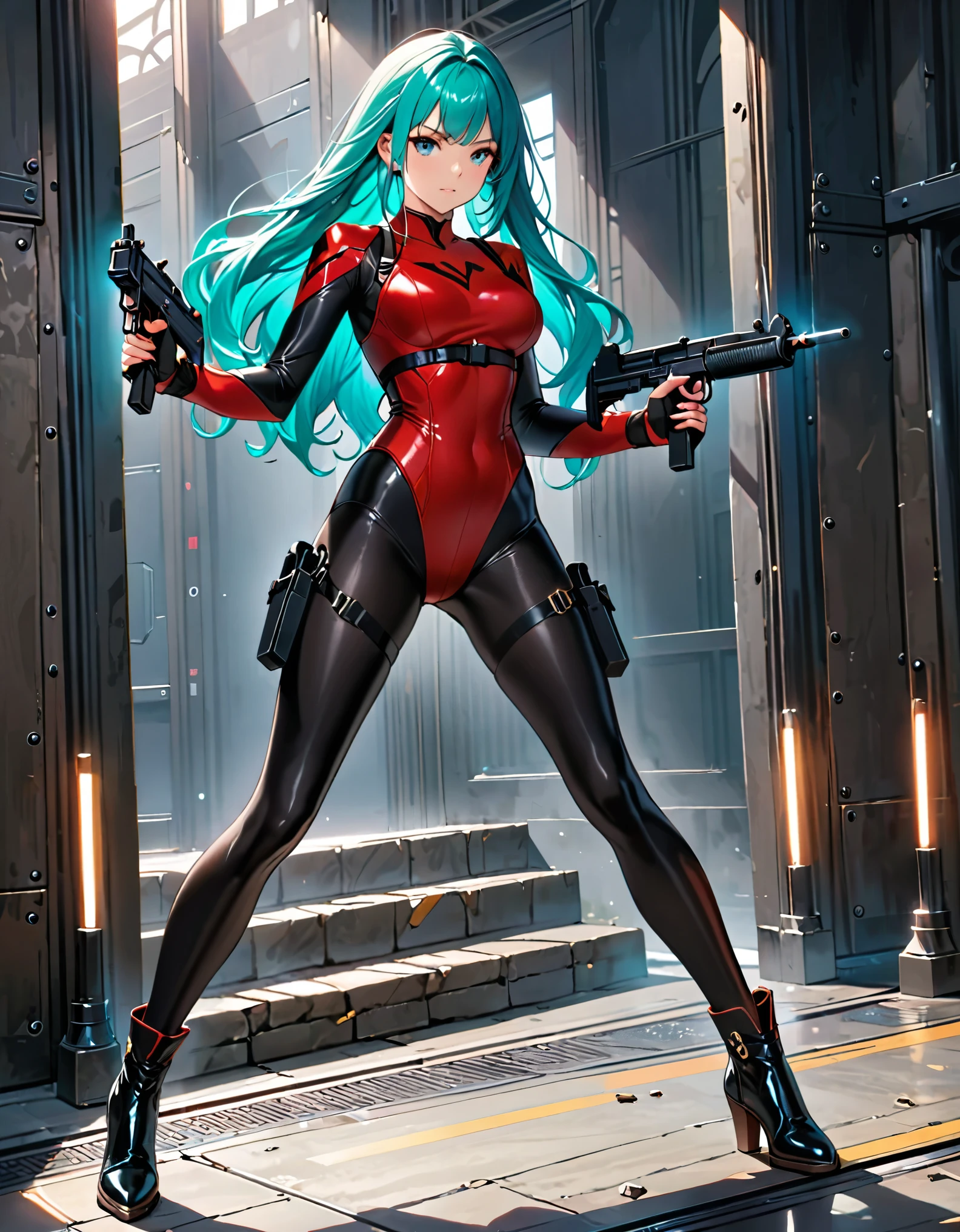 masterpiece, highly detailed, best quality, high quality, 1girl, (solo, solo focus), grey eyes, beautiful detailed eyes, beautiful detailed face, (perfect hands, complete fingers), perfect anatomy, perfect proportions, long aqua hair, (holding uzi), detailed shadows, detailed light, (black skintight bodysuit, (red leotard), shoulder holster), (full black pantyhose, skintight black pantyhose, skintight black leggings, perfect fit), matching boots, full body, serious, full body costume design