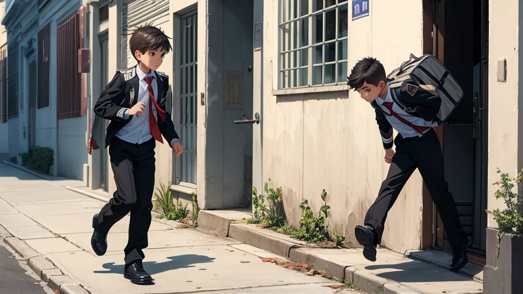 boy escaping de la escuela, School, rebellious boy, portada de boy escaping de la escuela, boy in uniform, boy escaping, artwork