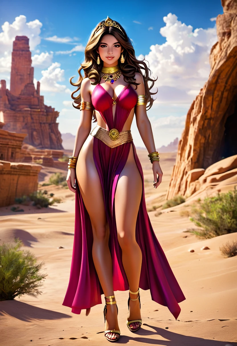 Arafed digital painting of a desert princess BREAK and her epic pet cougar in her palace high details, best quality, 16k, f a female human princess and her pet cougar, princess of the desert, full body, ((anatomically correct: 1.5)) ((standing: 1.5)) proudly royalty demeanor, a woman, (best detailed face: 1.5), Ultra Detailed face, ((human ears: 1.3)), wearing royal desert dress, decorated with gems, wearing princess tiara, small cleavage, thigh high intricate leather high heeled boot, thick hair, long hair, brown hair, tan skin intense brown eyes, her epic desert (cougar : 1.3) lying at her feet, guarding her, an epic fantasy desert palace in an oasis in the background (intricate details, Masterpiece, best quality: 1.5) night, moon light, stars ,Wide-Angle, award winning, best quality, high quality, high details, highres, vibrant, Ultra-high resolution, High Contrast, (masterpiece:1.5), highest quality, Best aesthetics, best details, best quality, highres, ultra wide angle, 16k, [ultra detailed], masterpiece, best quality, chumbasket art style, Cinematic Hollywood Film, 