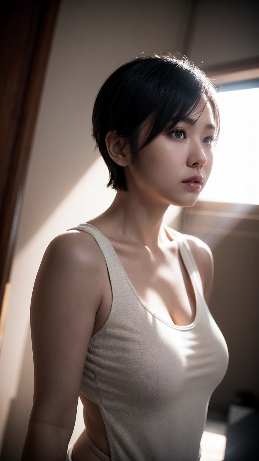 David Hamilton style, 20 years old, evening, lakeshore, head to toe, small breasts, barefoot, medium meat medium tall, very short hair, lips are thin, lips are also light, eyes are small, eyes are frontal, profile, black hair, less freckles, contrast shallow, very beautiful portrait, radiant skin, raw photography, masterpiece, top quality, hyper detail, cinema lighting, complex details, high resolution, 8K, highly detailed, detailed background, 8K UHD, DSLR, soft lighting, high quality, film grain, sonyα7, shallow depth of field, natural light