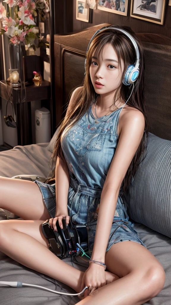 ((Listening to music through headphones))、On the bed in my room、(high school girl)、(Sitting with legs crossed)、4K, Realistic,Very detailed、((Delicate painting))，(Detailed RAW photos of girls), (Masterpiece:1.25), (Highest quality:1.6), (Ultra-high resolution:1.5), (Realistic:1.75), 8K resolution,:1.6), Canon EOS R5, 50mm,Very detailedな,Cinema Lighting