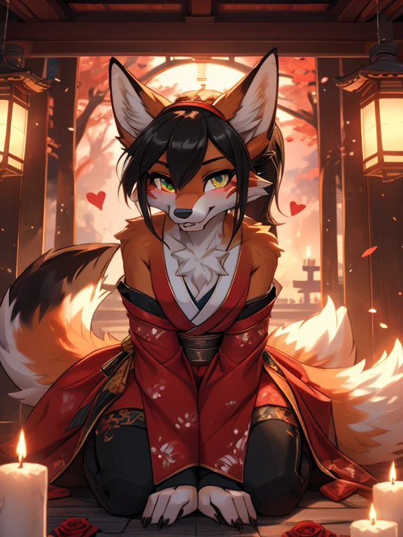Anthro female red fox high definition good anatomy add_detail:1, red fur, kitsune ears, cute girl add_detail:1, indoors in bedroom add_detail:1, black colored japanese shrine costume with rose patterns on them add_detail:3, add_detail:1, full body, highly detailed face, deep green iris add_detail:1, wolf claws, sharp fangs add_detail:1, wild slut add_detail:1, on knees, blushing, looking up at viewer, friendly smile, smile, friendly, black hair, classic ponytail, face markings, face fur patterns black, speech bubble, heart, hearts, flower on head, night, moody lighting, illumination by candle