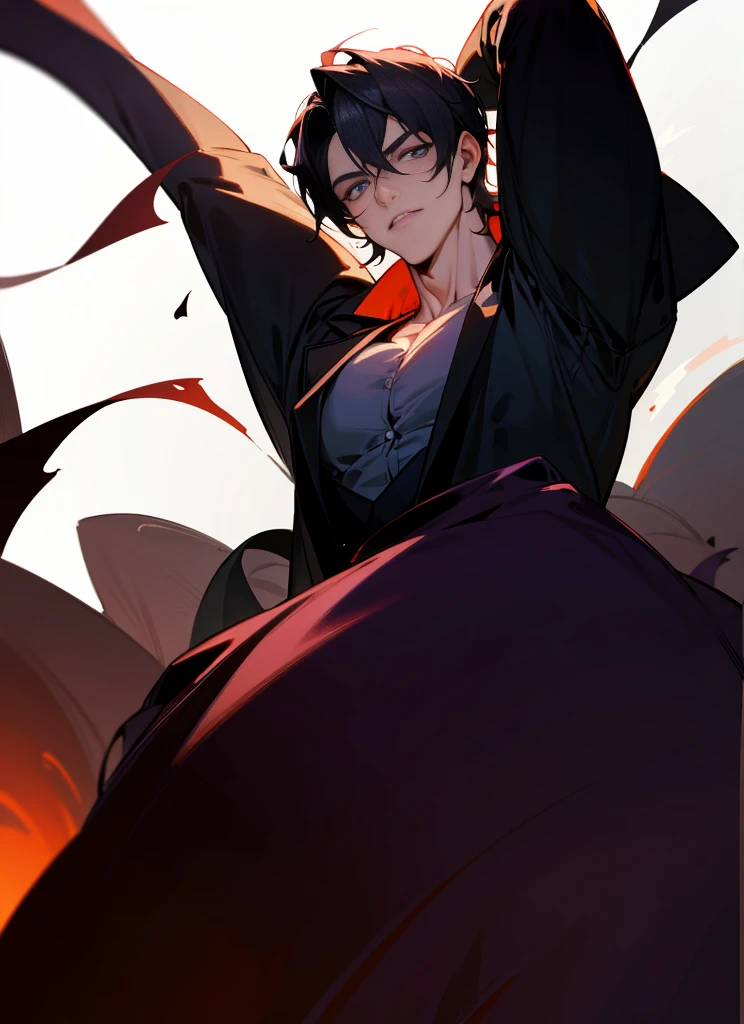 Elegant handsome man with purple pupils, wearing a black shirt, black trousers, short black hair, (top quality, 8k, high, masterpiece), highly detailed facial features, intricate details, natural lighting, warm color, soft focus, digital painting, fantasy art, silhouette, red light, eerie atmosphare, dark aura, black particles, perfect eyes, beautiful eyes, adult male.