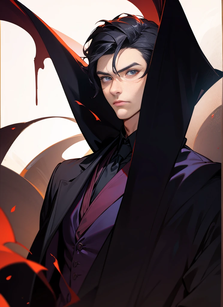 Elegant handsome man with purple pupils, wearing a black shirt, black trousers, short black hair, (top quality, 8k, high, masterpiece), highly detailed facial features, intricate details, natural lighting, warm color, soft focus, digital painting, fantasy art, silhouette, red light, eerie atmosphare, dark aura, black particles, perfect eyes, beautiful eyes, adult male.