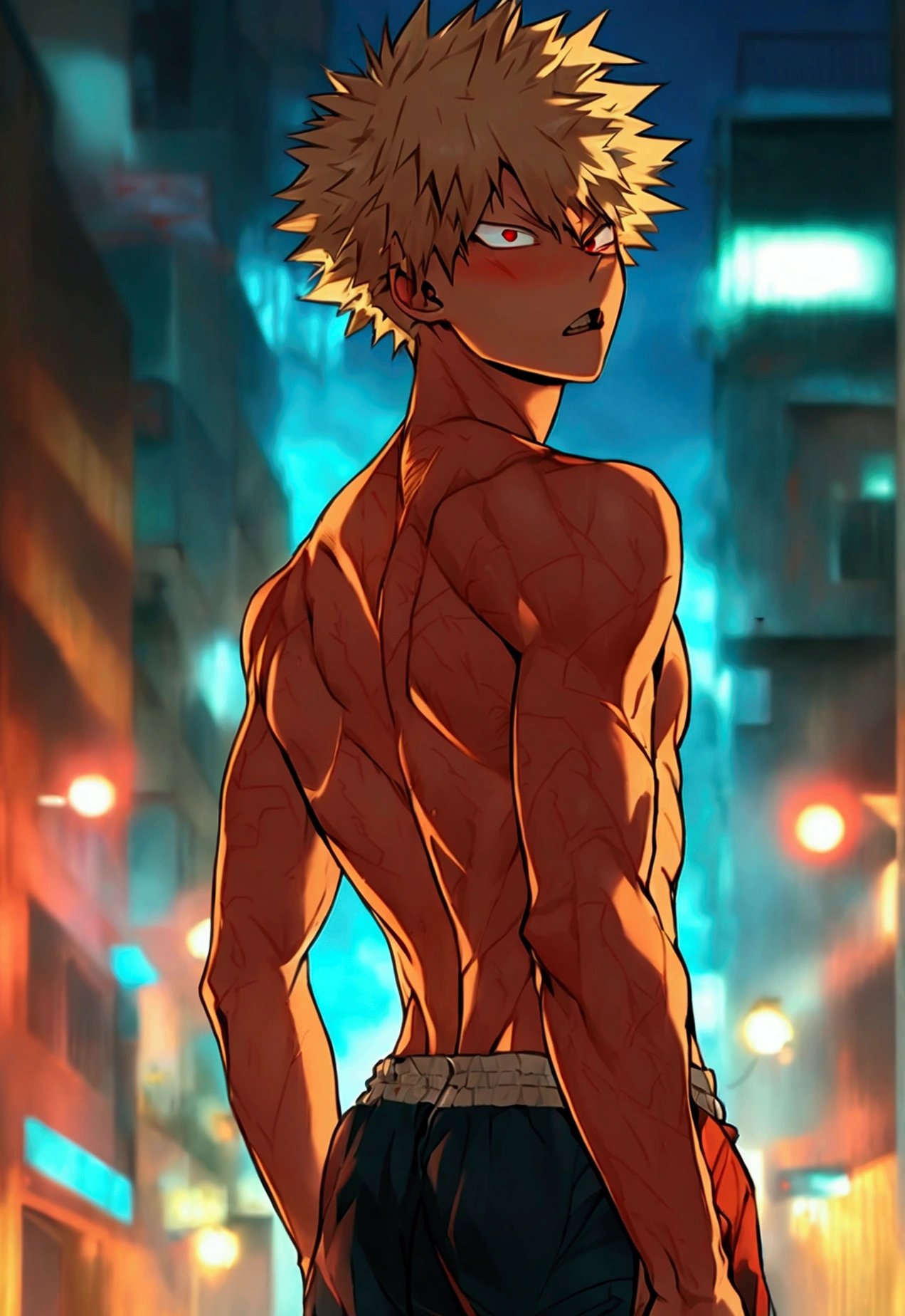 (Masterpiece, best quality), Katsuki Bakugo, (full body), Body tilt, Large and delicate eyes, open eyes, (red pupil eyes), (blonde hair), muscular, nakedness, (spine:1.2), youthful, shirtless, blushing, angry, intimate lighting, night, shorts, kickboxing, fight, attack position, dynamic pose