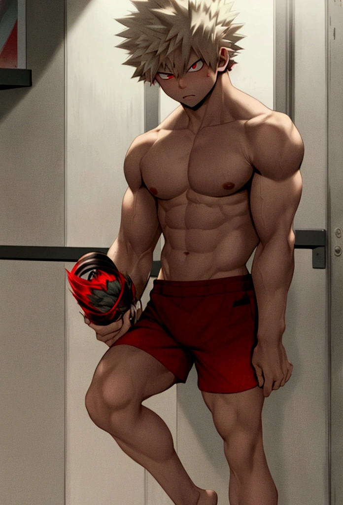 (Masterpiece, best quality), Katsuki Bakugo, (full body), Body tilt, Large and delicate eyes, open eyes, (red pupil eyes), (blonde hair), muscular, nakedness, (spine:1.2), youthful, shirtless, blushing, angry, intimate lighting, night, shorts, kickboxing, fight, attack position, dynamic pose