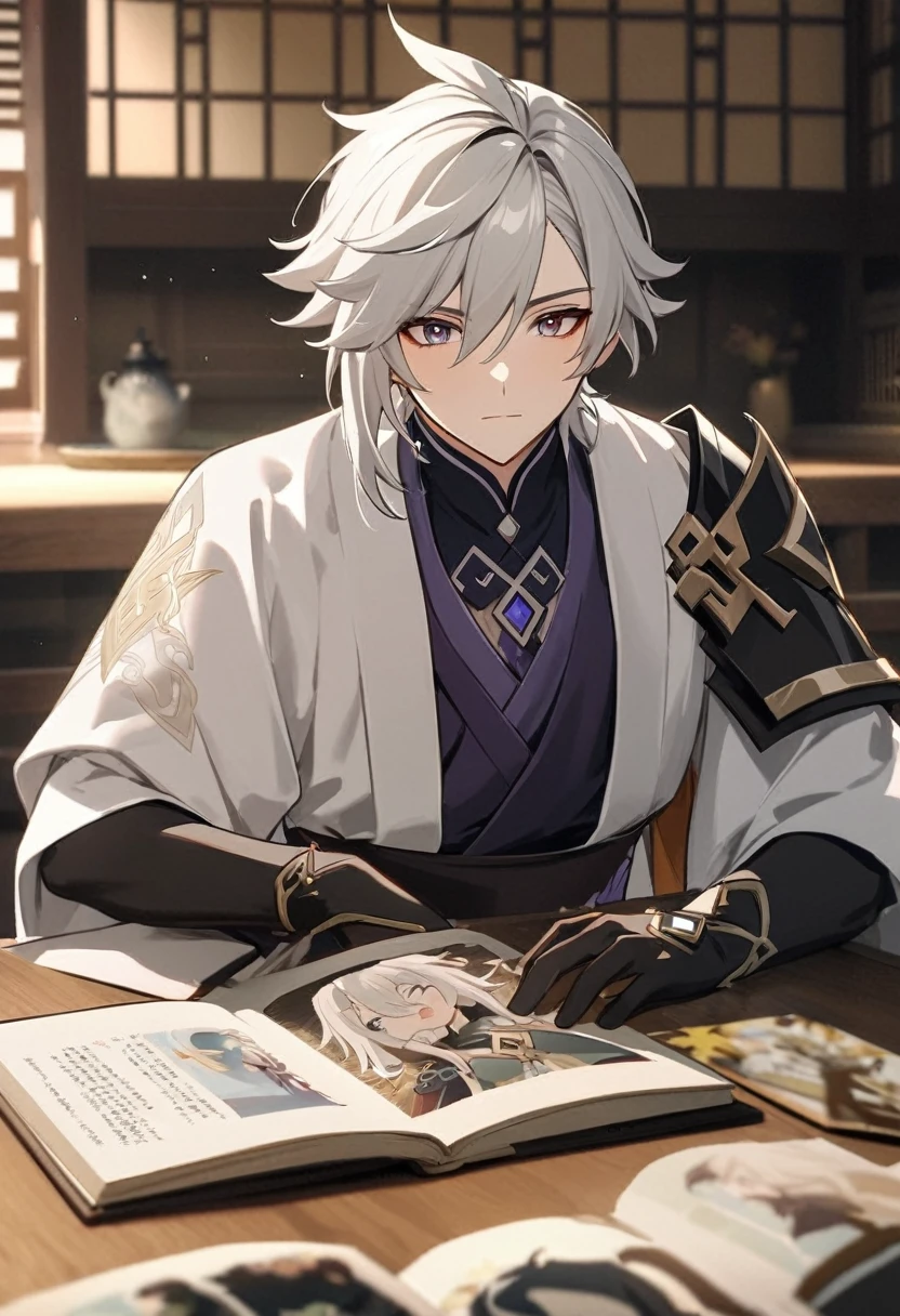 アニメ, uma mulher com white  hair e um livro nas mãos, keqing do impacto genshin, cute androgynous prince, delicate androgynous prince, white  hair deity, zhongli do impacto genshin, handsome guy in demon slayer art, genshin, photo of a male cleric, white  hair, portrait of thancred, arte detalhada de personagem de アニメ
