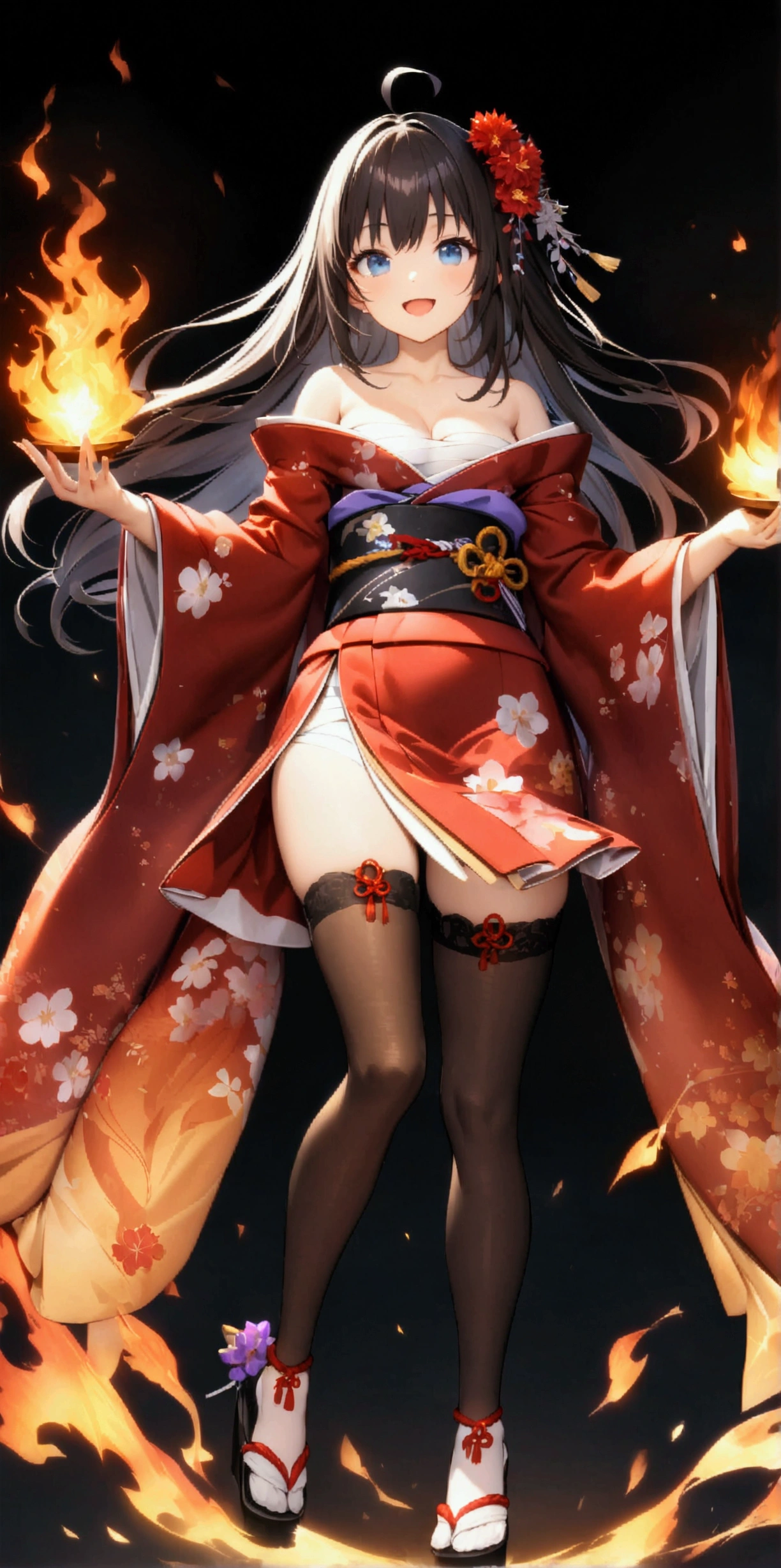 ((32k)), ((best quality)), ((ultra high res)), ((HDR)), ((UHD)), ((extremely detailed CG)), ((unity 32k wallpaper)), 1girl, solo, long hair, looking at viewer, smile, open mouth, blue eyes, simple background, hair ornament, thighhighs, white background, cleavage, bare shoulders, jewelry, medium breasts, standing, full body, purple hair, ahoge, :d, japanese clothes, black thighhighs, hair flower, wide sleeves, kimono, sash, obi, floral print, sandals, fire, sarashi, brown thighhighs, red kimono,