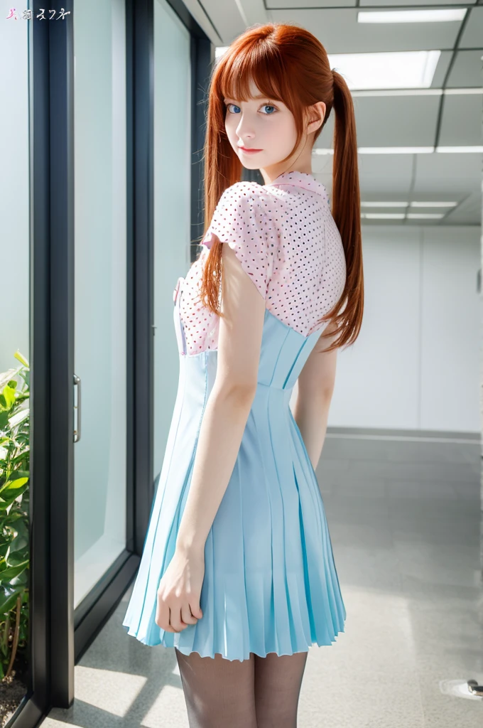 Cute Redhead, Idol Sculpture, Iridescent bristles, ribbon in her hair, 18-year-old female, Happy, Twin tails, Perfect symmetrical eyes, Clear, bright blue eyes, Pale skin, Silky smooth skin, Standing on a gorgeous and luxurious spaceship, Futuristic large hallway, Control panel, Wood trim, Foliage plant, Warm lighting, Wearing a futuristic dress, Pleats (shirt) Mini Dress (Pastel Rainbow Colors, Polka dot pattern), Wearing pantyhose all over, Cute short boots.