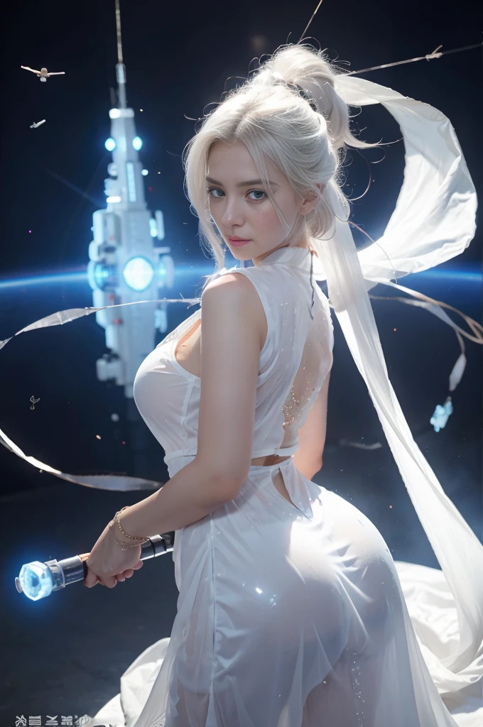 realisticlying, A high resolution, 1 rapariga, White color hair, korean people, eBlue eyes, The transparent cheongsam is flying,Sheer tight-fitting garments,Beads of sweat dripped down the buttocks,Large chest,Wide buttock, your ass,Butt visible,Visible on the back,buttocks visible,Ass pouted,wide wide shot,Cinema lenses,The skin glows,space ship,