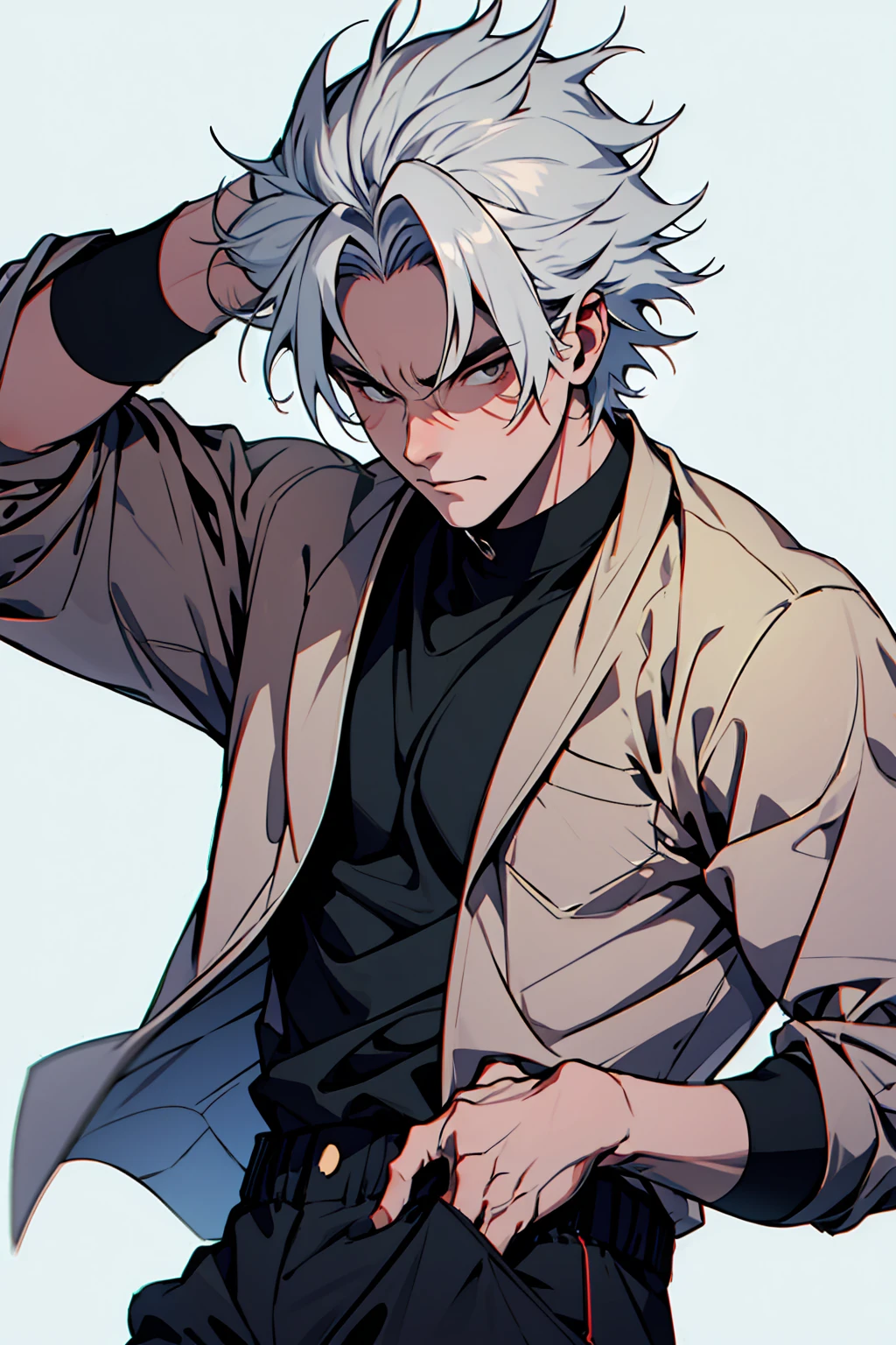 close up, face, highest quality, 8K, high resolution image, Jujutsu Kaisen estilo anime , Arataki Itto, Detailed strokes, nblurry background, purple light reflecting on it , (close up angle), 1 men, Youngh, mascle, role model, front with hand in pants pocket , multicolored background with various geometric shapes , round stickers, brawny, red and white hair, swollen chest, wearing a tight shirt , striking eyes , with the shirt, swollen chest