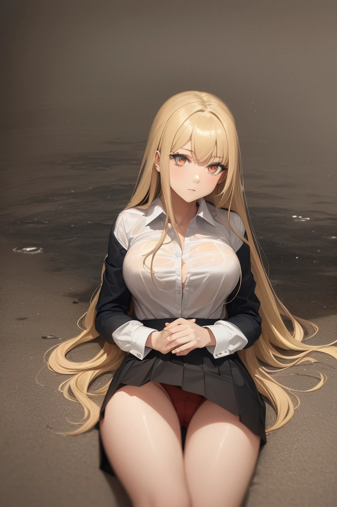 Best quality, A high resolution, absurdity, ultra detailed, 1 girl, long_hair, skirt, alone, shirt, rain, wet_cloth, hair_square, wet, breast, underwear, wet_skirt, look through, blonde, amber_eyes.