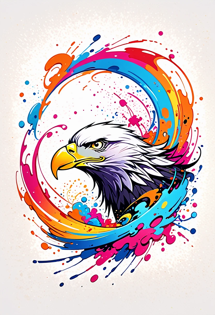 A t-shirt with vector art, Colorful illustration with eagle in the middle of Hawaii island, At the center, swirly vibrant colors，graffiti art，ink spatter，UHD quality, details in 16k, Wild and unbridled，ink wink painting，rich and colorful，visual impact,modern aesthetic,Elegant and simple, White background