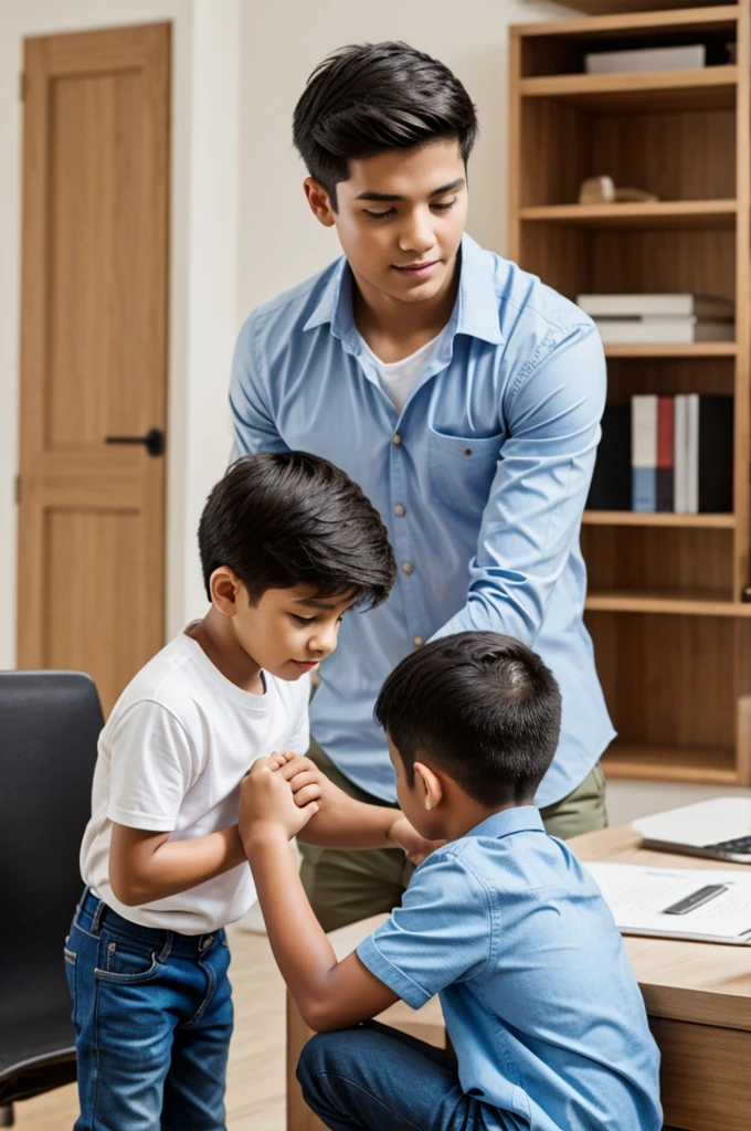 A son helping his son to work
