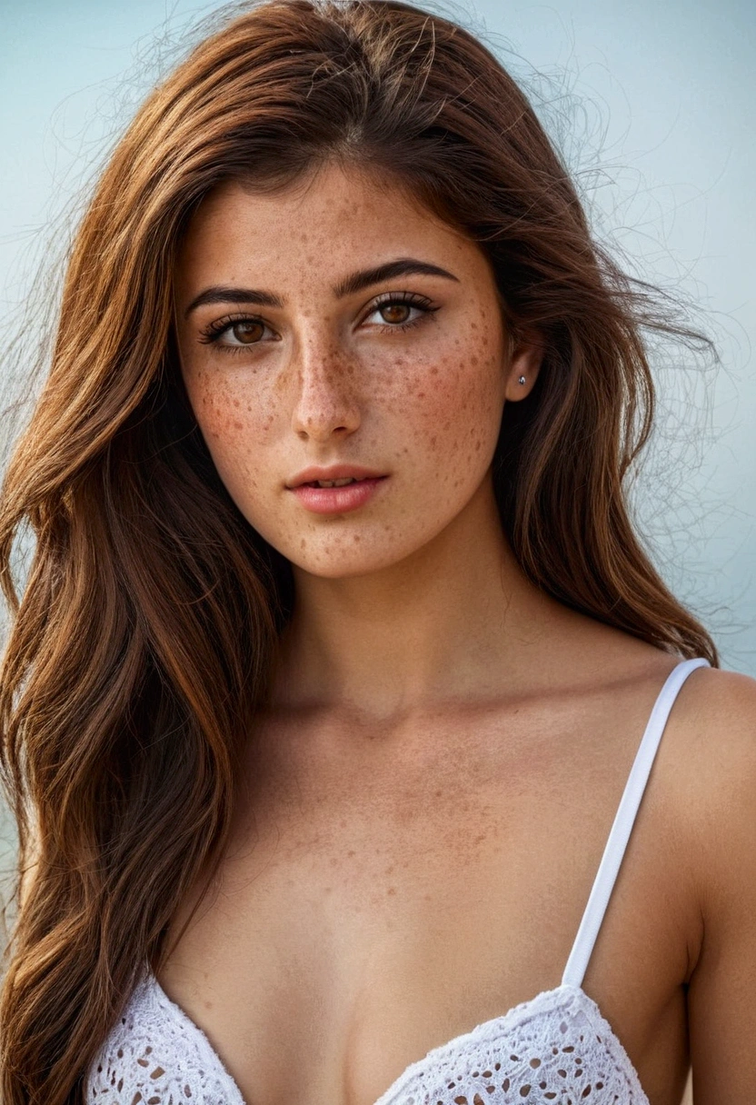 very beautiful, sexy Lebanese girl with striking with little clothes and freckles and brown hair