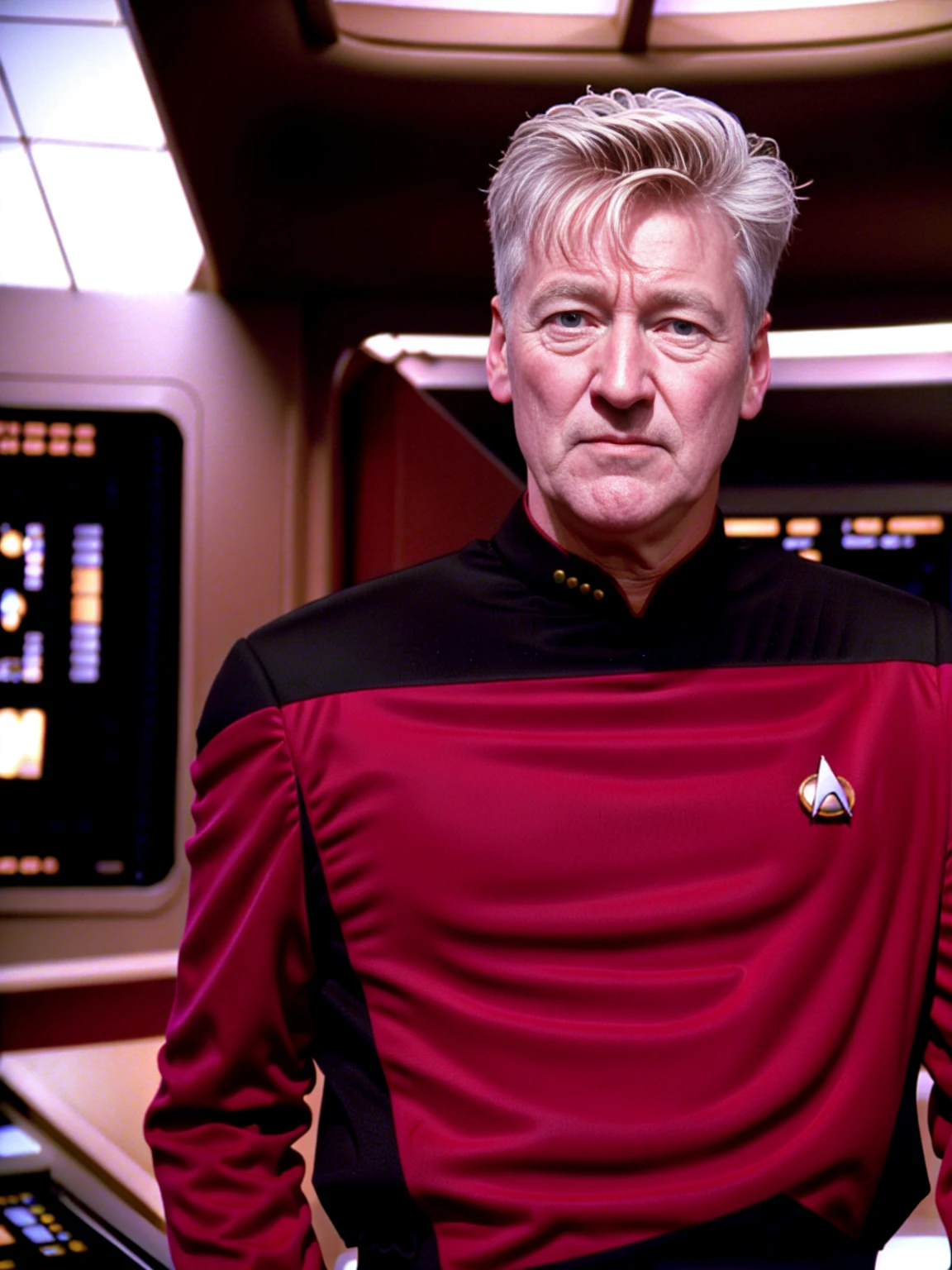 close up of David Lynch looking at camera wearing red s3sttngsuit uniform, on enterprise bridge, 8k, high quality, soft lighting