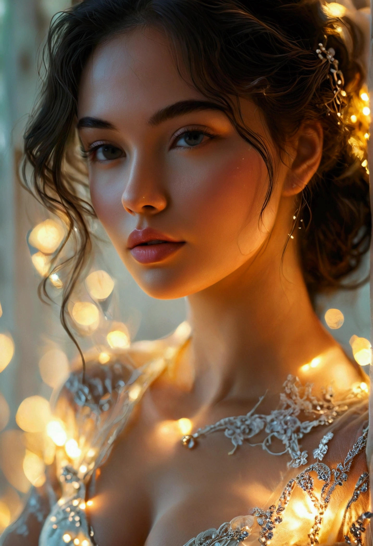 Alluring elegant lady wearing melting dripping wet colored honey wax headband nighties, perfect composition, perfect body, no mistakes, perfect iris, forestall background, uhd, focused, autumn-winter, very long flowing leased lighted hair