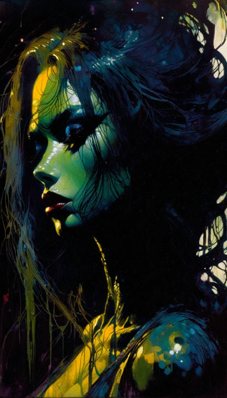 sexy monster, dark scene, sadness (art inspired by Bill Sienkiewicz, intricate details, oil painted )
