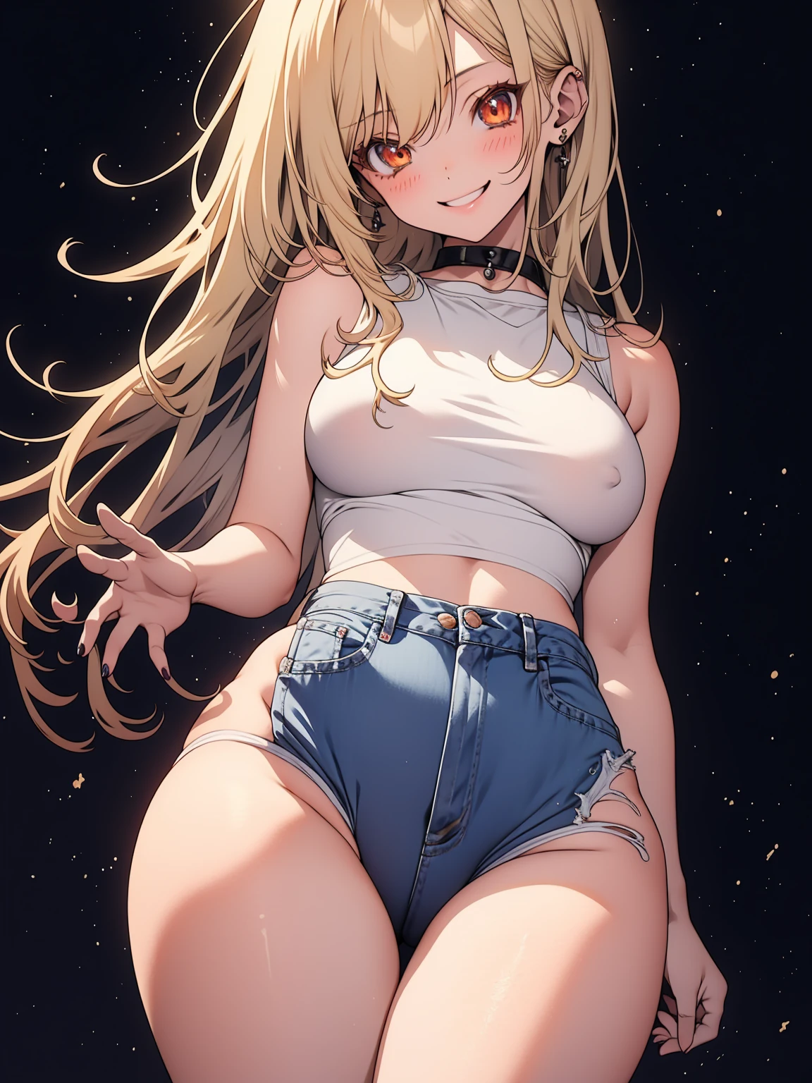 Anime, anime girl, 2d, 18y, 18 years, (((Fullbody focus))), Very Kawaii, smile, lip lips, seductive smile, Solo, Slim, Large Breasts, Plain White T-shirt, Tight Shorts, upshorts, from below, No Background, White Background, looking at viewer, darker shadows, (((absurdres))), (((thigh gap))), (((cameltoe))), (((sleeveless))),