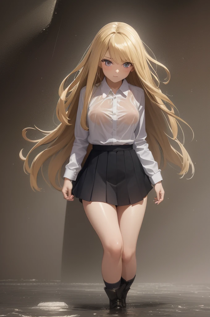 Best quality, A high resolution, absurdity, ultra detailed, 1 girl, long_hair, skirt, alone, shirt, rain, wet_cloth, hair_square, wet, small_breast, underwear, wet_skirt, look through, blonde, amber_eyes.