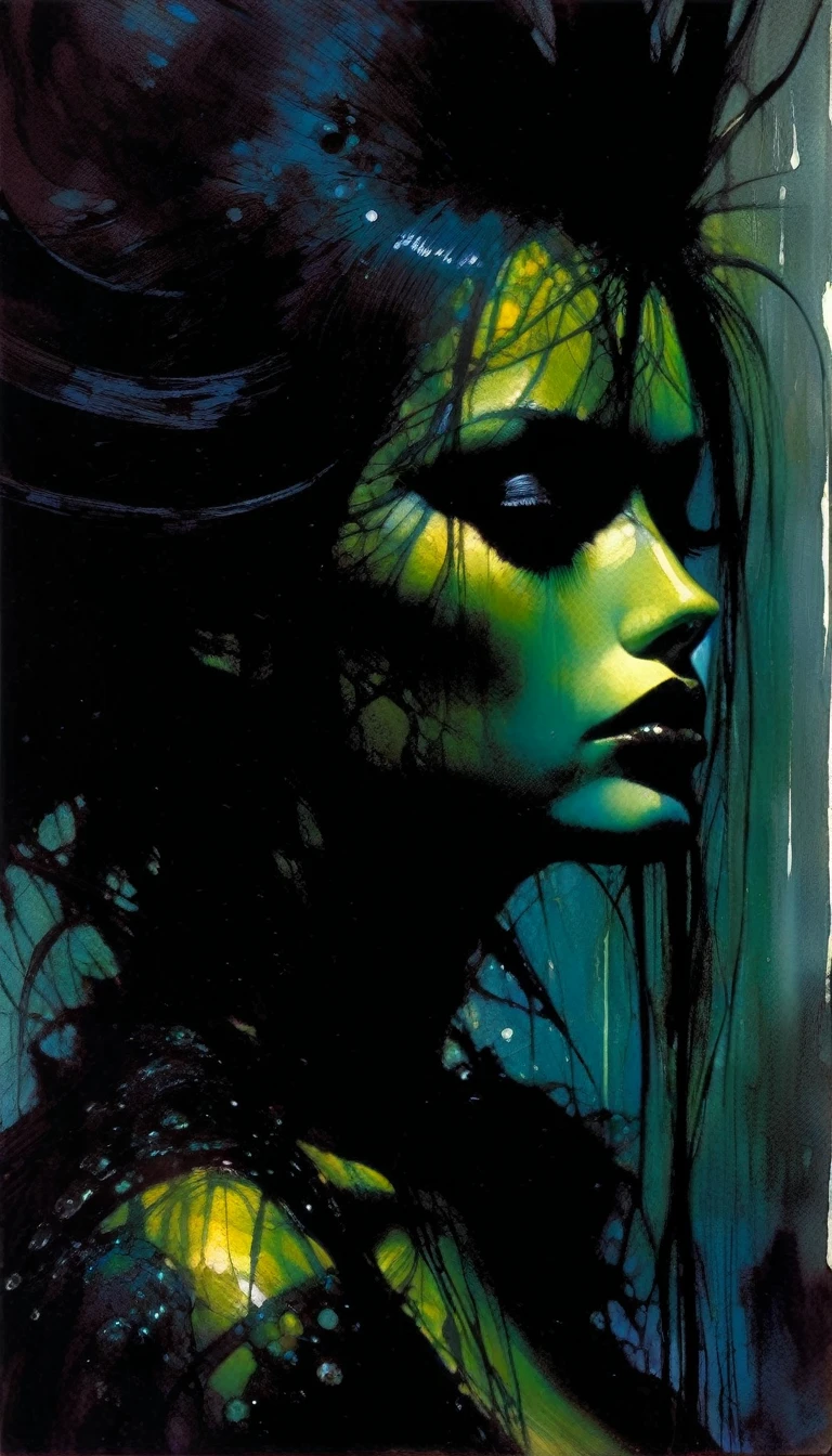 girl, alone, sexy, in a hot spring, wild jungle, water vapor, naked body in the steam, very sexy, erotic, lascivious, long black hair (art inspired in Bill Sienkiewicz). oil painting)
