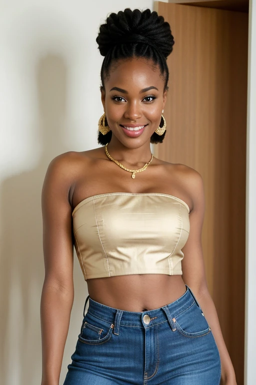 jolie femme africaine 25 ans, full  body, detailed face, ssmile, Detailed body, detailed hands, Detailed large breasts, Cheveux blonds raides haute definition, She has brown eyes. crop top blanc et jean, Grèce, photo de nuit. masterpiece, best quality and definition, total dynamic range, Ultra high definition, hdr, sharp image