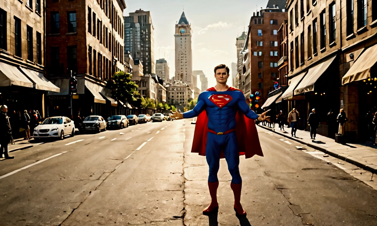 Imagine a scene where Tom Welling, dressed as Superman, is standing on a busy city street. The sun is shining brightly, casting a warm glow on the scene. Tom Welling is wearing the iconic Superman suit, complete with the red cape flowing slightly in the breeze. His dark hair is neatly styled, and he has a broad, friendly smile on his face. He's holding a pen in one hand and a stack of photographs in the other, which he's signing for a large, enthusiastic crowd of fans. The fans, a diverse mix of ages and backgrounds, are excitedly reaching out with their own items to be signed, such as comic books, posters, and memorabilia. Some fans are holding up their phones, capturing the moment with photos and videos. The background is bustling with city life, with tall buildings, street vendors, and other pedestrians going about their day. There's a sense of energy and excitement in the air, as people in the crowd chat and share their excitement about meeting their hero. The overall atmosphere is one of joy and admiration, with Superman bringing a bit of magic to an ordinary day.