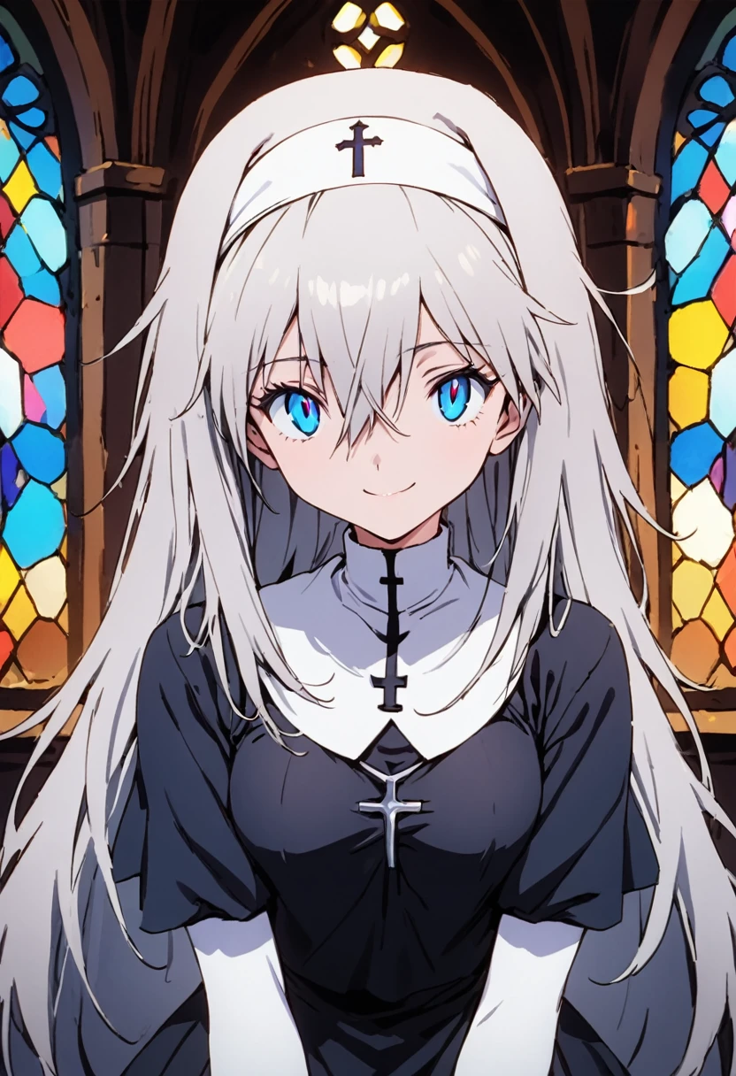 ((masterpiece,High resolution,Highest quality,8K,Detailed faces and anatomy))
(18-year-old female,Slender figure,medium breasts)
(Shining silver hair,semi-long,hairs between eyes,Messy Hair)
(Beautiful white skin,Beautiful blue eyes,Glowing Eyes,Big Eyes,Long eyelashes)
church,Stained glass,Fantastic World
(nun,Monastic Clothes)smile,Close ~ eyes