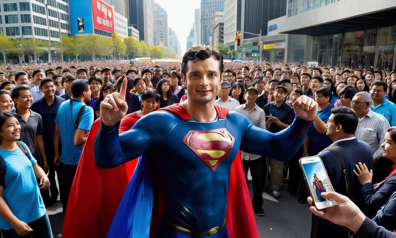 Imagine a scene where Tom Welling, dressed as Superman, is standing on a busy city street. The sun is shining brightly, casting a warm glow on the scene. Tom Welling is wearing the iconic Superman suit, complete with the red cape flowing slightly in the breeze. His dark hair is neatly styled, and he has a broad, friendly smile on his face. He's holding a pen in one hand and a stack of photographs in the other, which he's signing for a large, enthusiastic crowd of fans. The fans, a diverse mix of ages and backgrounds, are excitedly reaching out with their own items to be signed, such as comic books, posters, and memorabilia. Some fans are holding up their phones, capturing the moment with photos and videos. The background is bustling with city life, with tall buildings, street vendors, and other pedestrians going about their day. There's a sense of energy and excitement in the air, as people in the crowd chat and share their excitement about meeting their hero. The overall atmosphere is one of joy and admiration, with Superman bringing a bit of magic to an ordinary day.