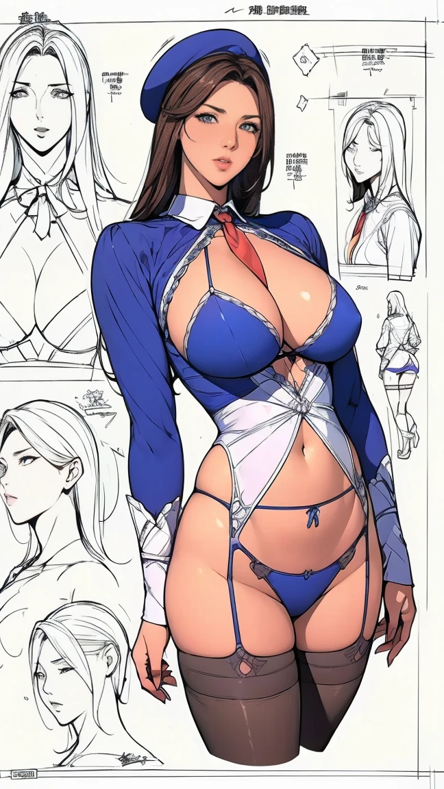 ((best quality)),(Ultra-high resolution),(Very detailed),(Detailed description),((Best CG)),(masterpiece),Highly detailed art,Amazing Art,(Contemporary art with precise details:1.5),Character Design Sheet, , character reference sheet, character turn around,
Blueprint Schematic Drawing, , technical drawing, blueprint, schematic,(Sexy:1.5),( female:1.5),(Royal sister:1.6)(female性时装模特:1.6),(beautiful and well-proportioned face:1.5),(Fashion Leader:1.6),(Powerful gaze:1.4),(Blue tight shirt:1.6)(Wearing hat at an angle:1.3),(Extra large breasts:1.5),(big breast:1.5),(office:1.5),(tie:1.5)(White Thong:1.6),(Black mini-short hip skirt:1.4),White thighs,Long legs,Tall,White garter stockings,Red high heels,(g-string:1.5),Cropped tops,White background