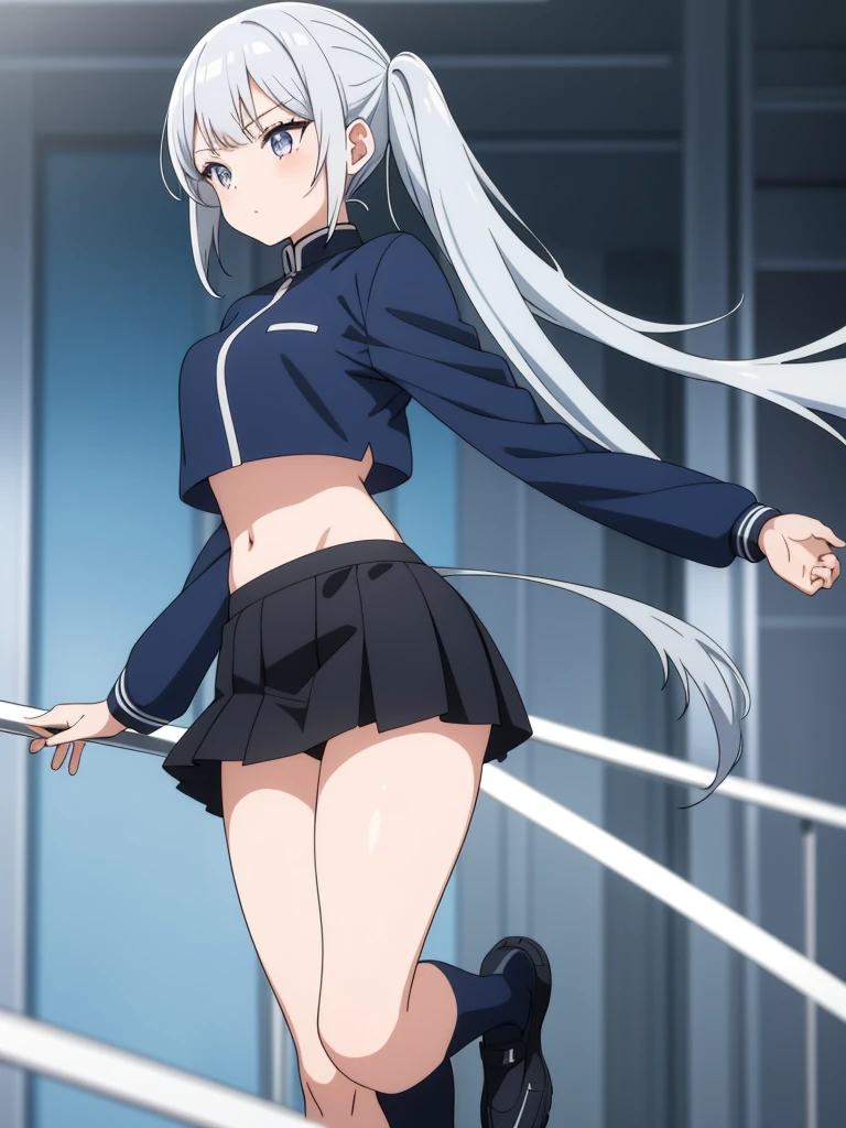  1girl, anime girl, silver hair, long twintails, silver eyes, dark blue crop top school suit, black skirt with white line