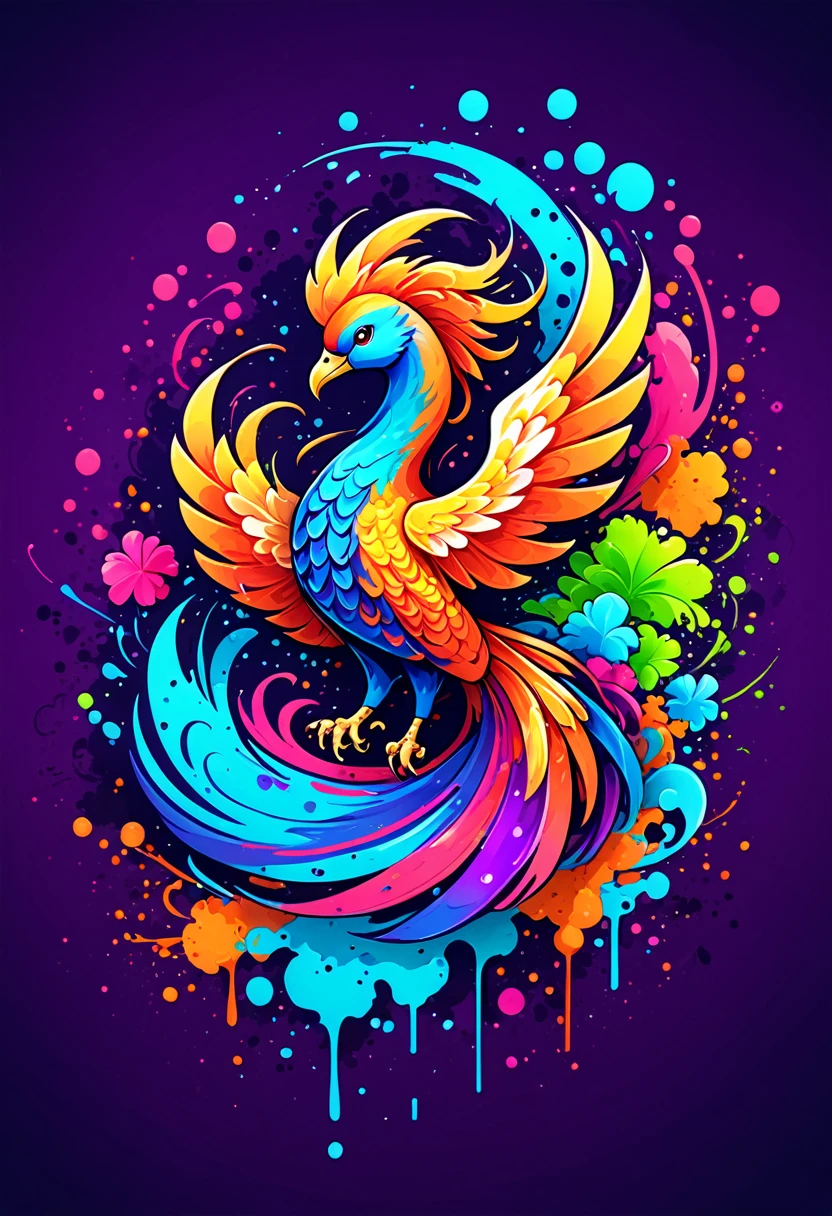 T-shirt logo with vector art, Colorful illustration with Phoenix, At the center, swirly vibrant colors，graffiti art，ink spatter，UHD quality, details in 16k, Wild and unbridled，ink wink painting，rich and colorful，visual impact,modern aesthetic,Elegant and simple, Hawaii Island Background