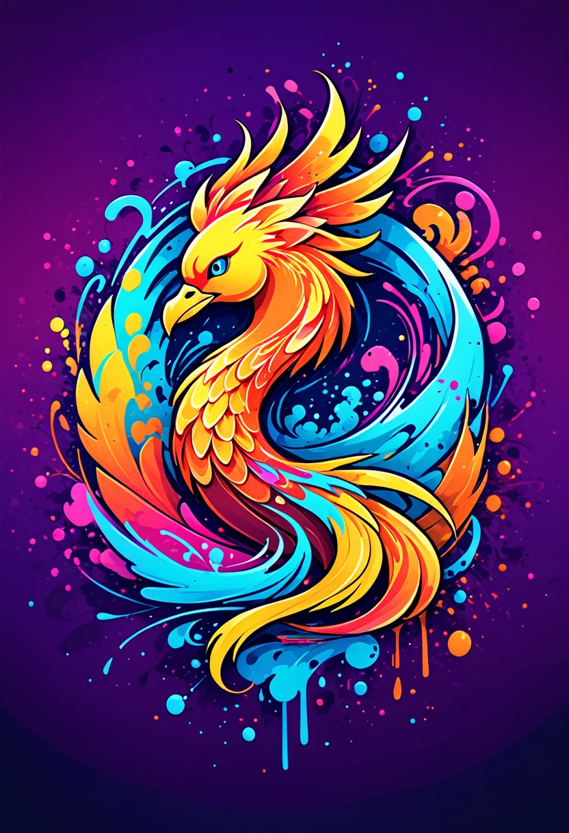 T-shirt logo with vector art, Colorful illustration with Phoenix, At the center, swirly vibrant colors，graffiti art，ink spatter，UHD quality, details in 16k, Wild and unbridled，ink wink painting，rich and colorful，visual impact,modern aesthetic,Elegant and simple, Hawaii Island Background