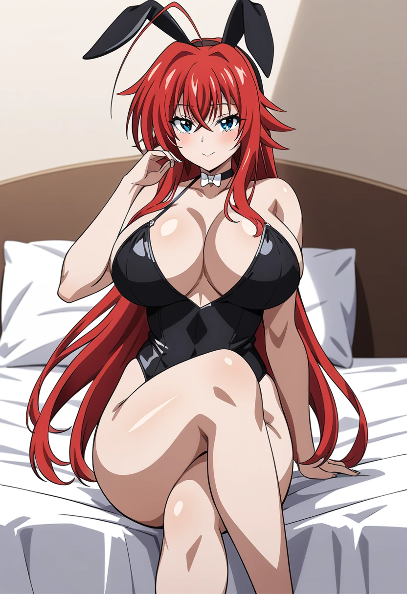 (anime art style:1.0), 2d, masterpiece, best quality, very aesthetic, absurdres, dynamic shadows, atmosferic, rias_gremory, (1girl), solo, red hair, antenna hair, long hair, blue eyes, detailed eyes, hair between eyes, bangs, big breasts, curvy body, makeup, black leotard, bunny ears, black ears, fake ears, white bow on neck, choker, eyes up, sexy smile, (cowboy shot), (looking at viewer), sitting, crossed legs, bedroom, on bed, indoors