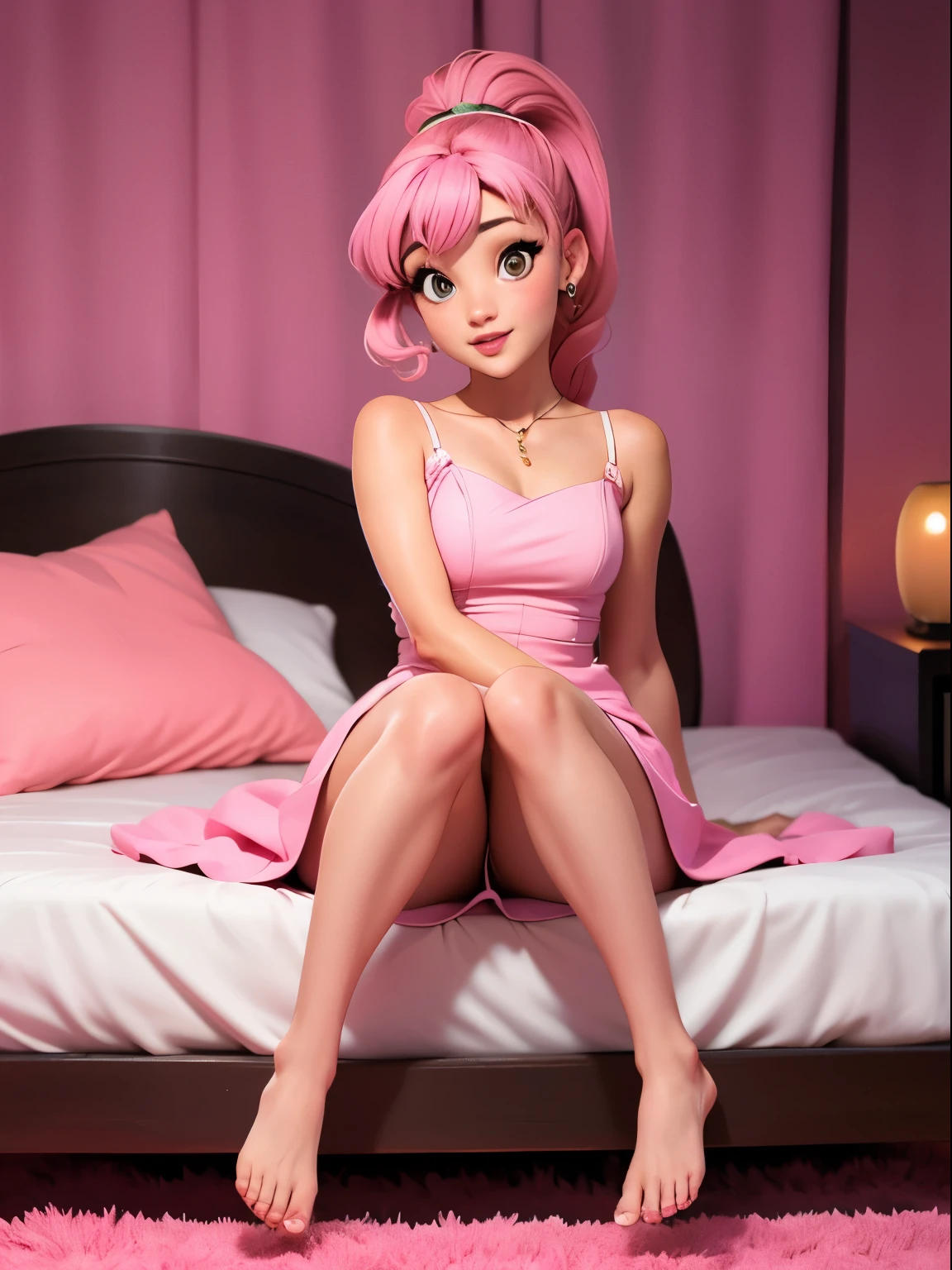Ariana Grande wearing pink mini dress, on a bed, barefoot