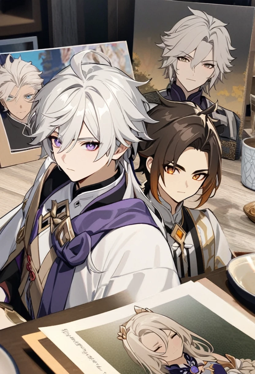 アニメ, um homem com white hair e longos com uma fraja no dado direito e um livro nas mãos, keqing do impacto genshin, cute androgynous prince, delicate androgynous prince, white hair deity, zhongli do impacto genshin, handsome guy in demon slayer art, genshin, photo of a male cleric, white hair, portrait of thancred, arte detalhada de personagem de アニメ