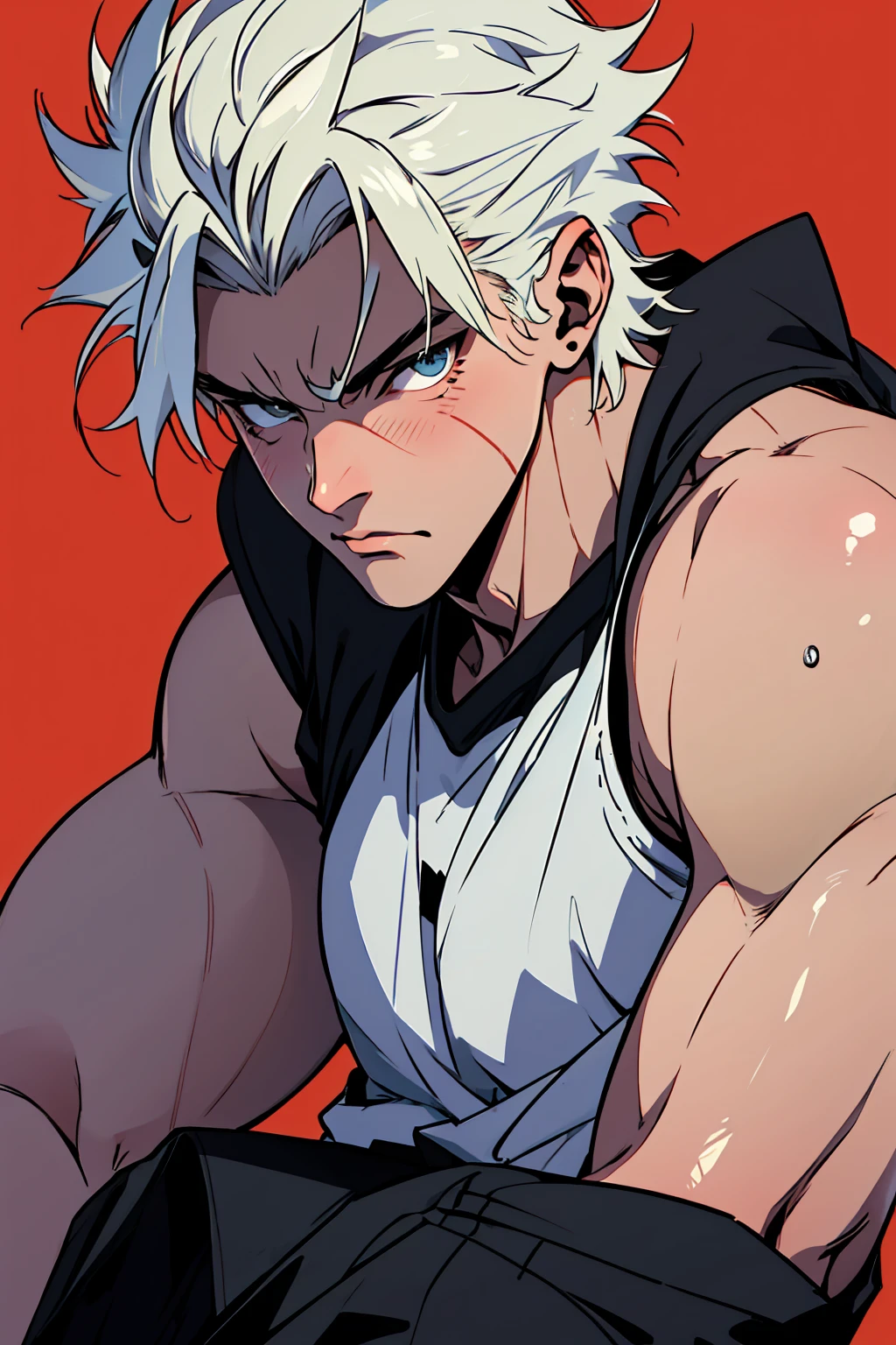 close up, face, highest  quality, 8K, high resolution image, Jujutsu Kaisen estilo anime , Arataki Itto, Detailed strokes, nblurry background,  purple light reflecting on it , (close up angle), 1 men, Youngh, mascle, role model, front with hand in pants pocket , multicolored background with various geometric shapes , round stickers, brawny, red and white hair, swollen chest, wearing a tight shirt  , striking eyes , with the shirt, swollen chest