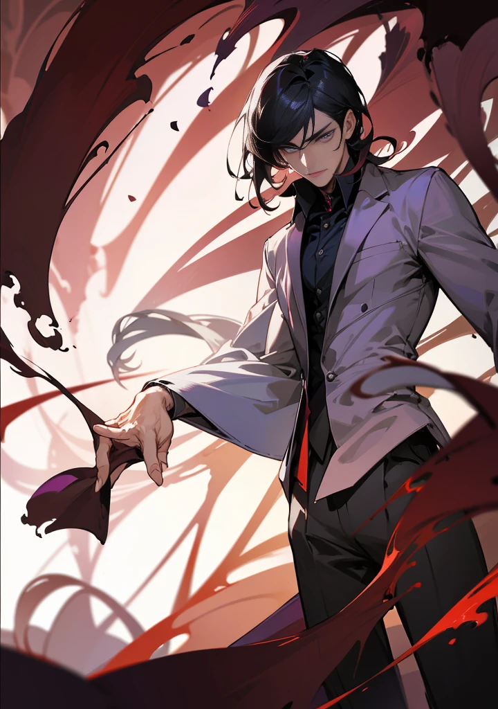 Elegant handsome man with purple pupils, wearing a black shirt, black trousers, short black hair, (top quality, 8k, high, masterpiece), highly detailed facial features, intricate details, natural lighting, warm color, soft focus, digital painting, fantasy art, silhouette, red light, eerie atmosphare, dark aura, black particles, perfect eyes, beautiful eyes, adult male.