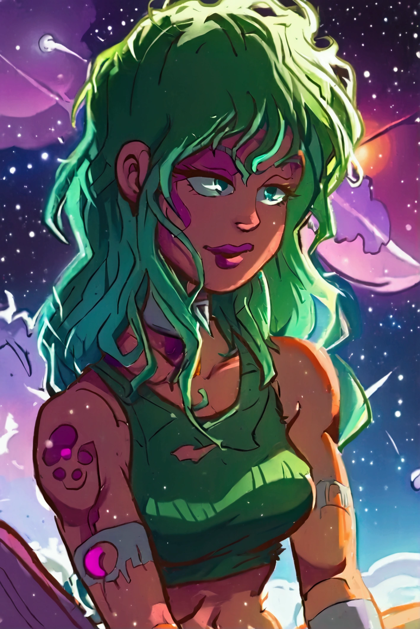 ::web comic:: a full-length close-up of a cartoon woman with green hair,big boobies , girl of the zodiac knights, portrait girl of the zodiac knights, portrait anime space cadet girl, girl in space, queen of the galaxy, goddess of the galaxies, cosmic girl,small sweatshirt shorts, and small shirt, saiyan girl, molly space, on a galaxy-looking background, intergalactic princess, android heroine, cyborg goddess in cosmos, sitting cross-legged on top of a meteor.