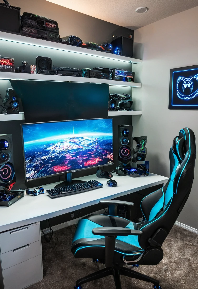 gaming room, lights, monitor, gaming chair, gaming pc, controller
