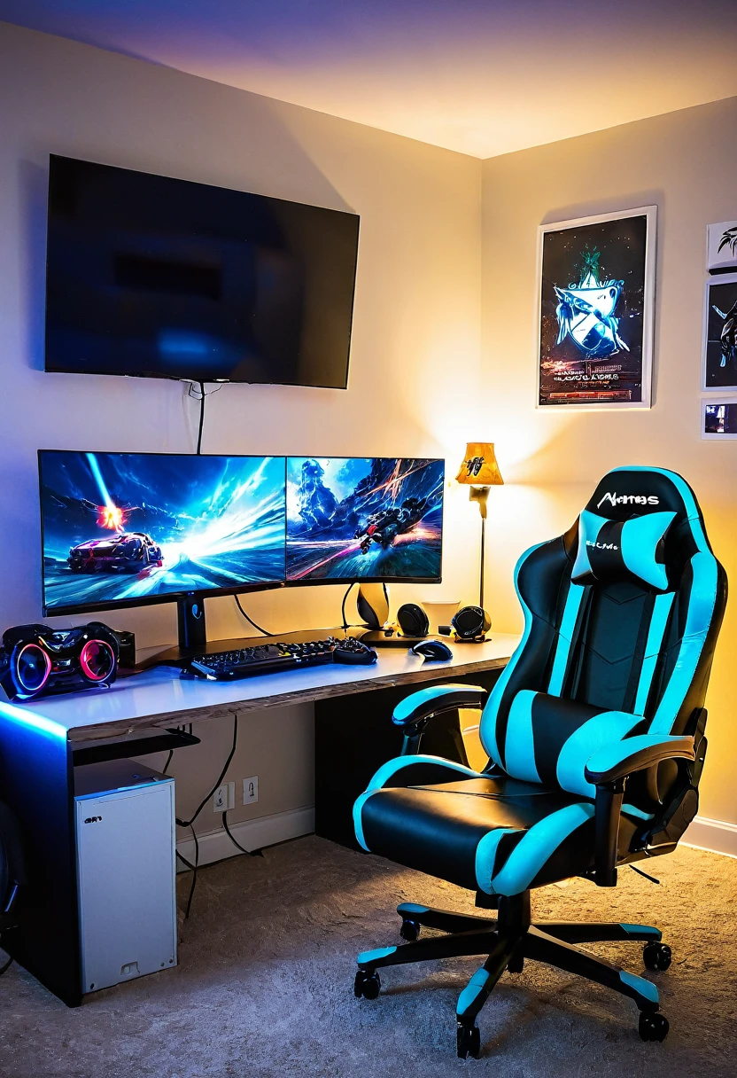 gaming room, lights, monitor, gaming chair, gaming pc, controller