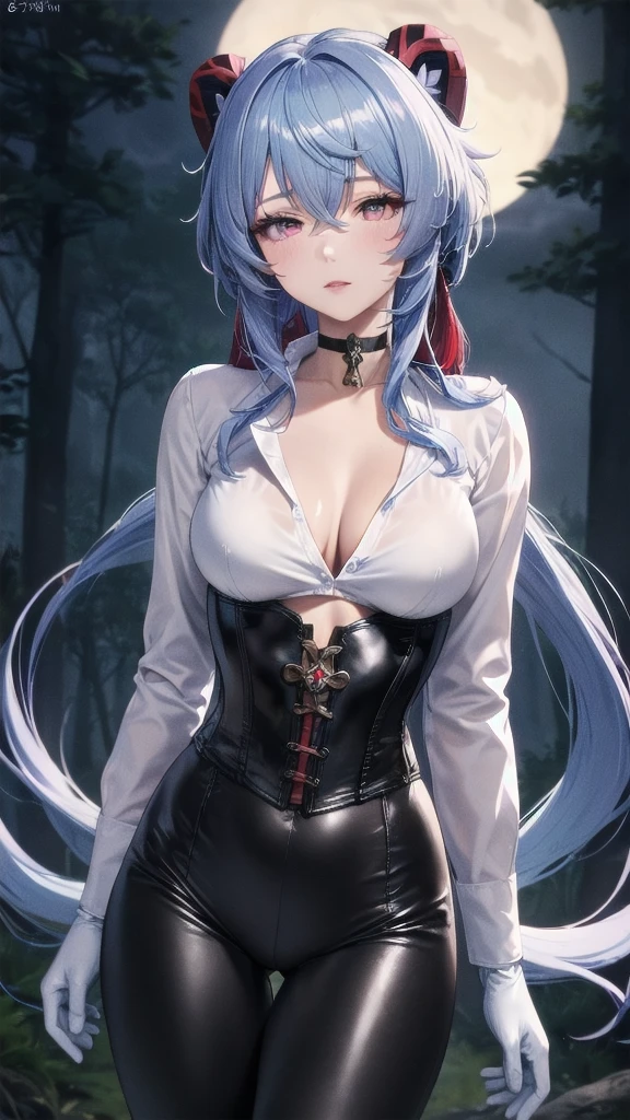 Masterpiece, Beautiful art, professional artist, 8k, sleeping expression, very detailed face, Detailed clothing, detailed fabric, 1 girl, Hiring, (genshin impact), View from the front, standing, perfectly drawn body, pale skin, shy expression, beautiful face, agregar cuernos de Hiring en la cabeza, Long sky blue hair, 4k eyes, very detailed eyes, pink cheeks, choker:1.6, (white long sleeve button down shirt with white collar), black gloves, gloves that cover hands, (black leather corset), (shiny black leggings), Sensual Lips, show details in the eyes, dark forest, at night, Atmosphere, fog