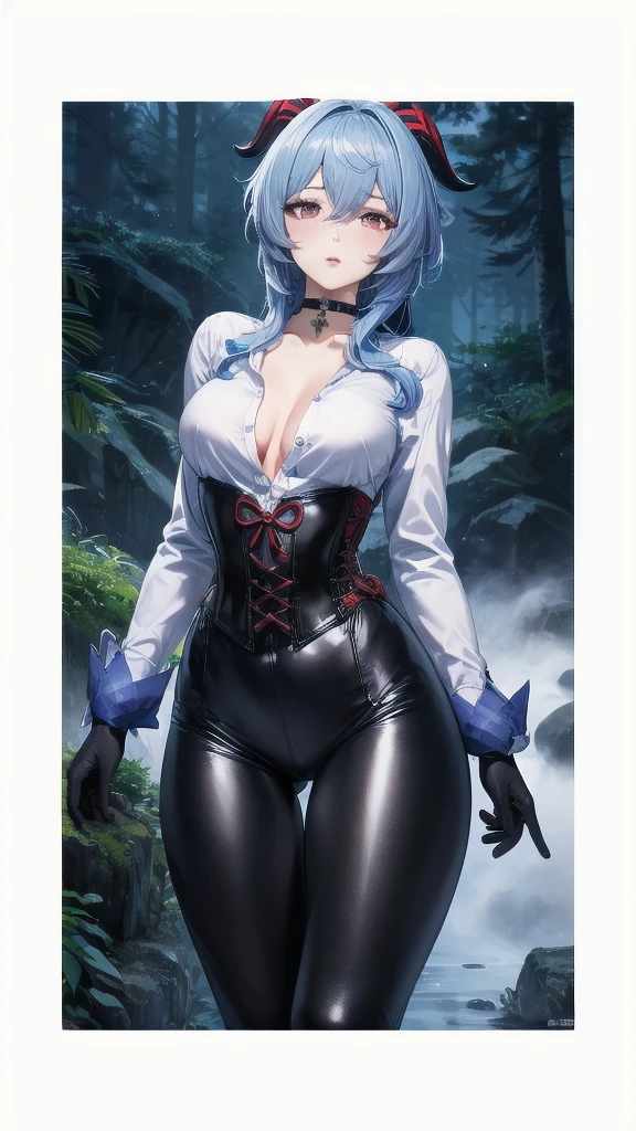 Masterpiece, Beautiful art, professional artist, 8k, sleeping expression, very detailed face, Detailed clothing, detailed fabric, 1 girl, Hiring, (genshin impact), View from the front, standing, perfectly drawn body, pale skin, shy expression, beautiful face, agregar cuernos de Hiring en la cabeza, Long sky blue hair, 4k eyes, very detailed eyes, pink cheeks, choker:1.6, (white long sleeve button down shirt with white collar), black gloves, gloves that cover hands, (black leather corset), (shiny black leggings), Sensual Lips, show details in the eyes, dark forest, at night, Atmosphere, fog