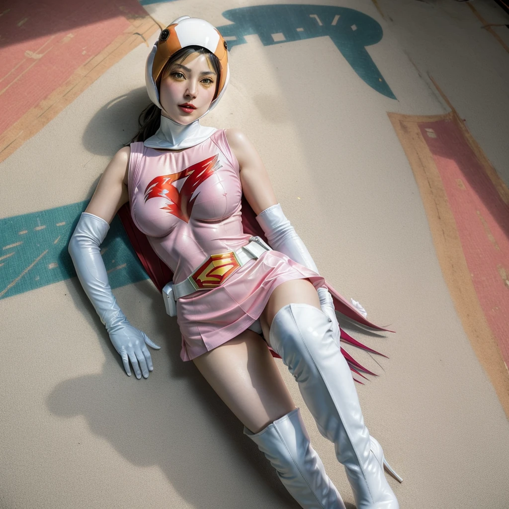 ANI_CLASSIC_jun_gatchaman_ownwaifu,1girl, ,good anatomy, masterpiece, best quality,realistic, hyperrealistic, 16k hdr, long hair,breasts,green eyes,lips,large breasts,lipstick,makeup,gloves,cape,helmet,belt,elbow gloves,white gloves,mask,ultra miniskirt,leotard,spacesuit,white tight overknee highheels boots,pink dress,superhero,bodysuit,cleavage,erected nipples,(lying flat poses, view from above),cameltoe