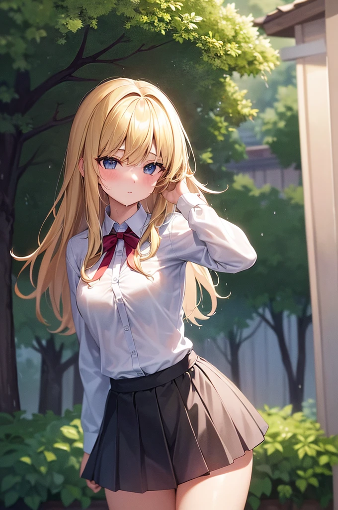 Best quality, A high resolution, absurdity, ultra detailed, 1 girl, hair_square, skirt, one, shirt, rain, wet_cloth, hair_square, wet, small_breast, underwear, wet_skirt, look through, blonde, amber_eyes, white_brassiere.