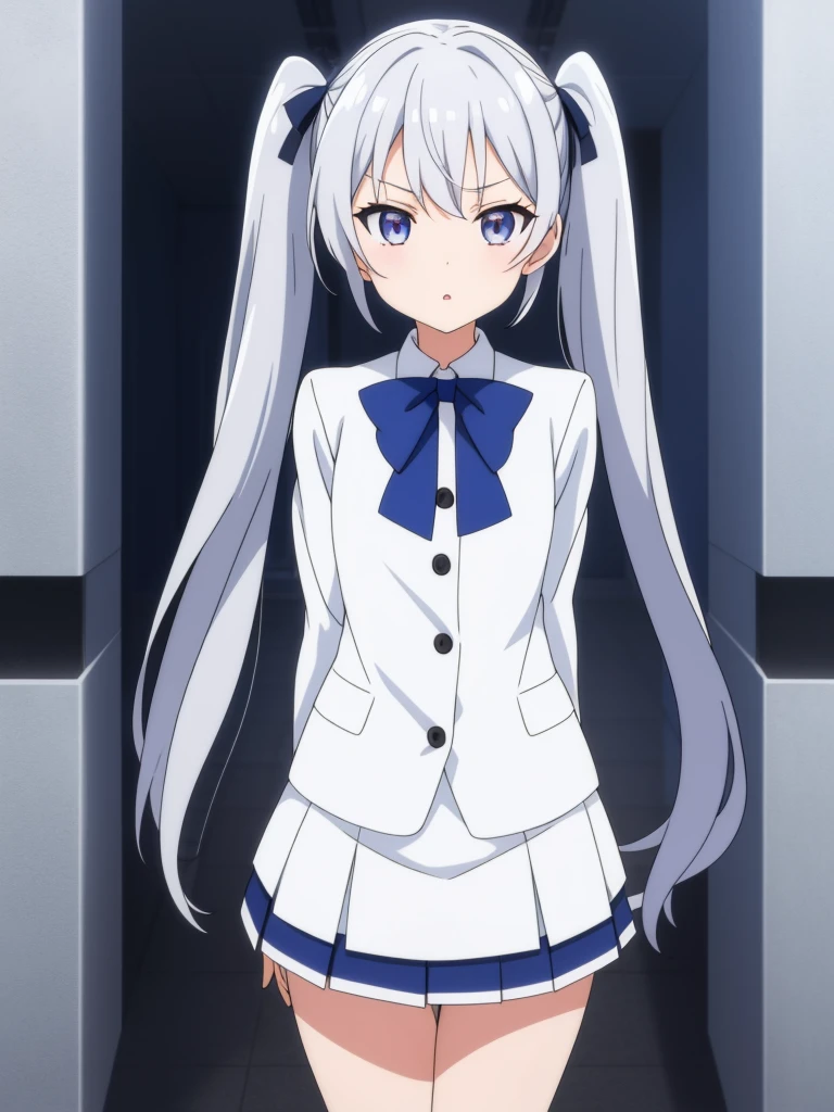 1girl, anime girl, silver hair, long twintails, silver eyes, dark blue school suit, white skirt with white line
